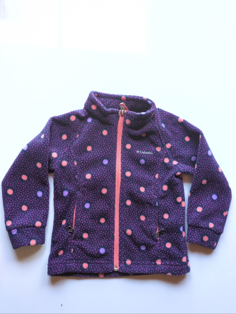 Colmbia Fleece Zipper Jacket Girls Sz 3T Purple Polkadot Two Pockets